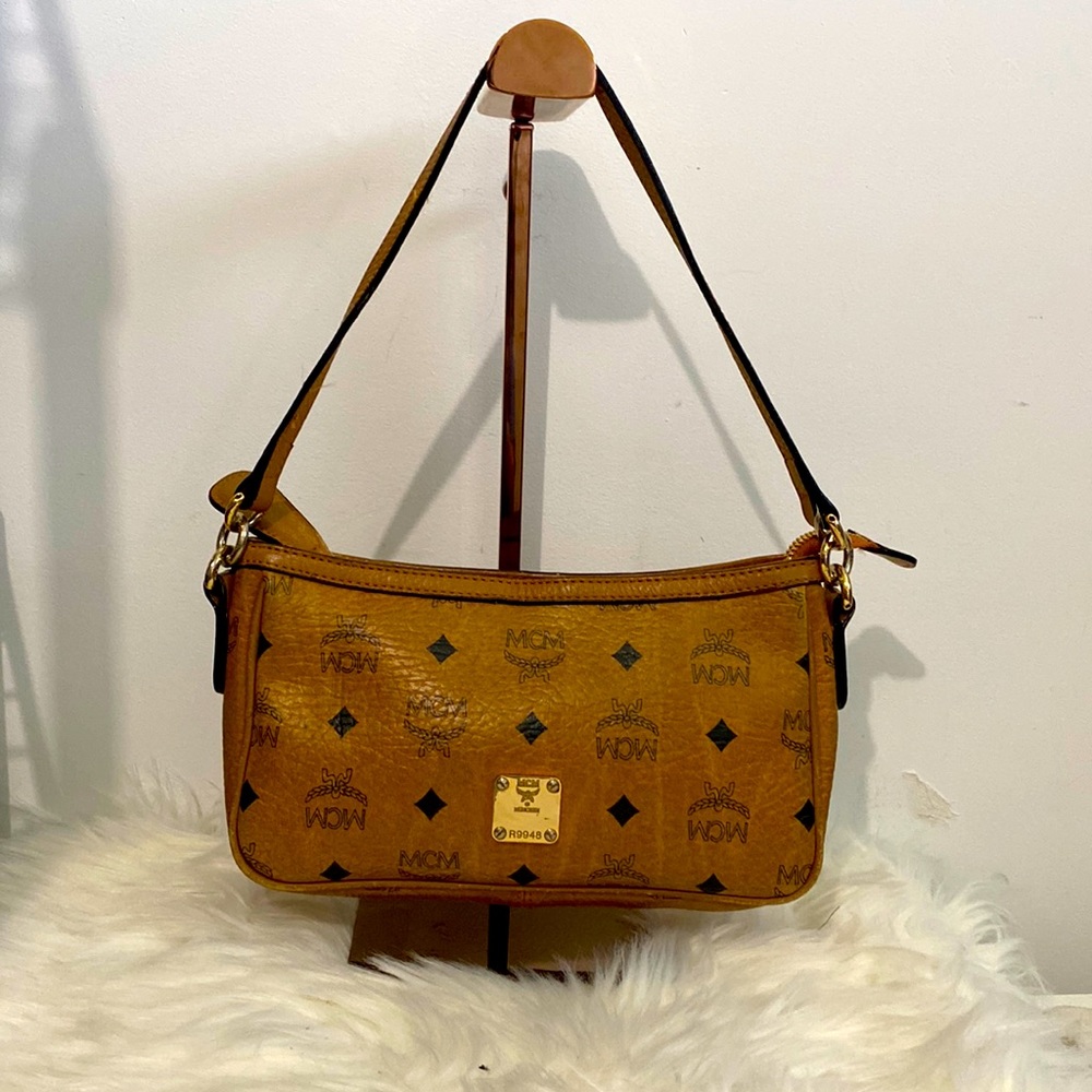 MCM Cognac Visetos Monogram Shoulder Bag with Gold Plate